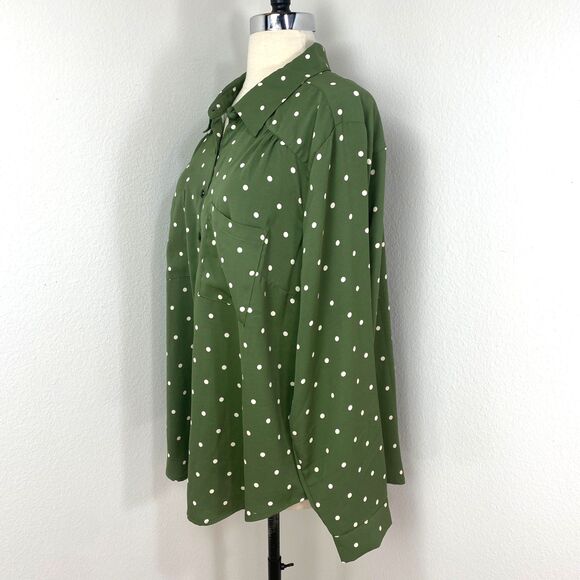 Torrid 2 Moss Green Blouse White Polka Dot Long Sleeve Pockets Button Front Flaw - Picture 7 of 13